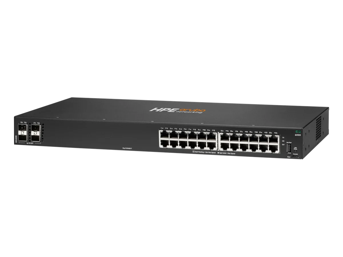 HPE Aruba Networking CX 6000 24G 4SFP Switch, tampak serong