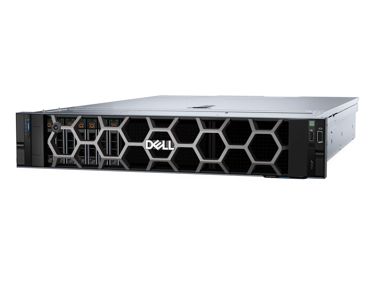 Dell PowerEdge R760xs dengan LCD bezel, tampak serong kiri