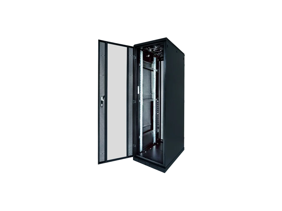 Fortunarack Server Close Cabinet, tampak serong dengan pintu depan perforated terbuka