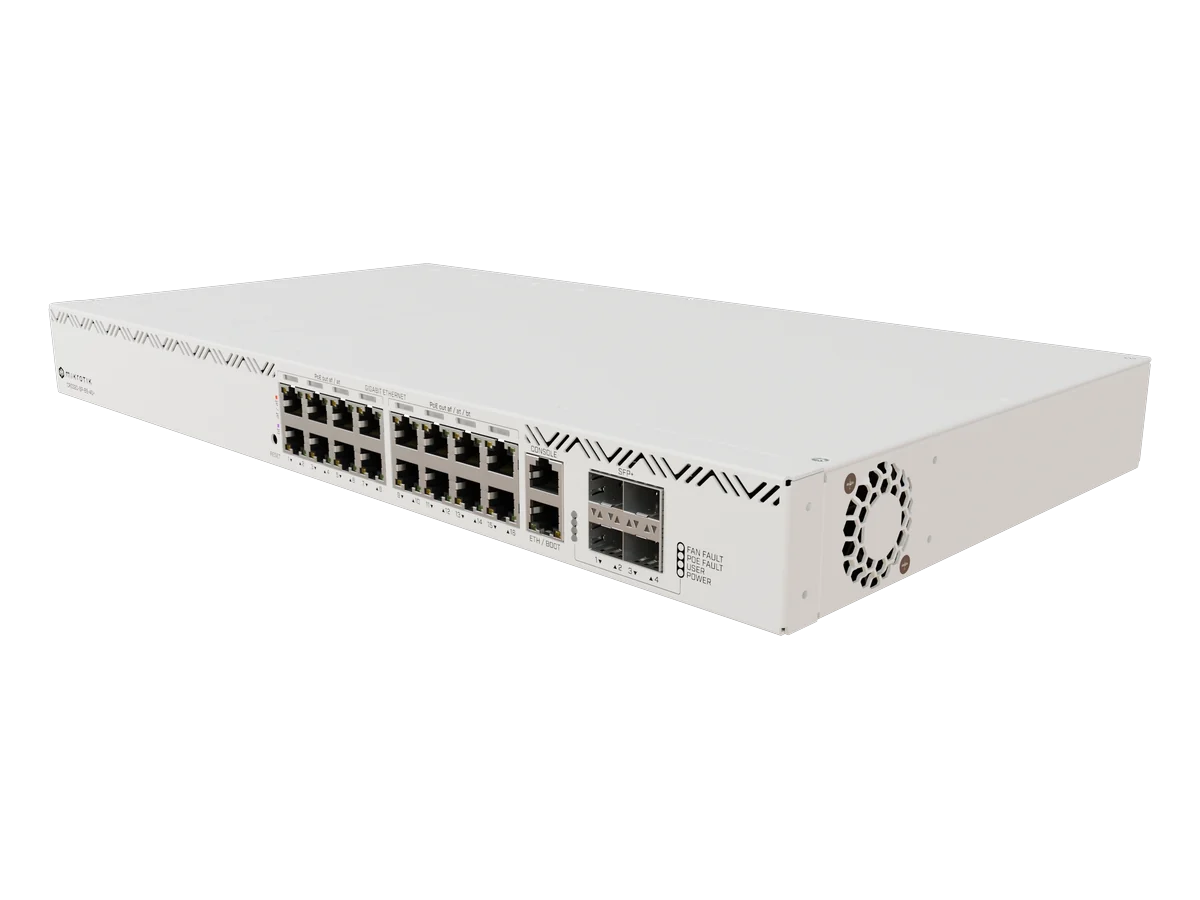 MikroTik CRS320-8P-8B-4S+RM, tampak serong