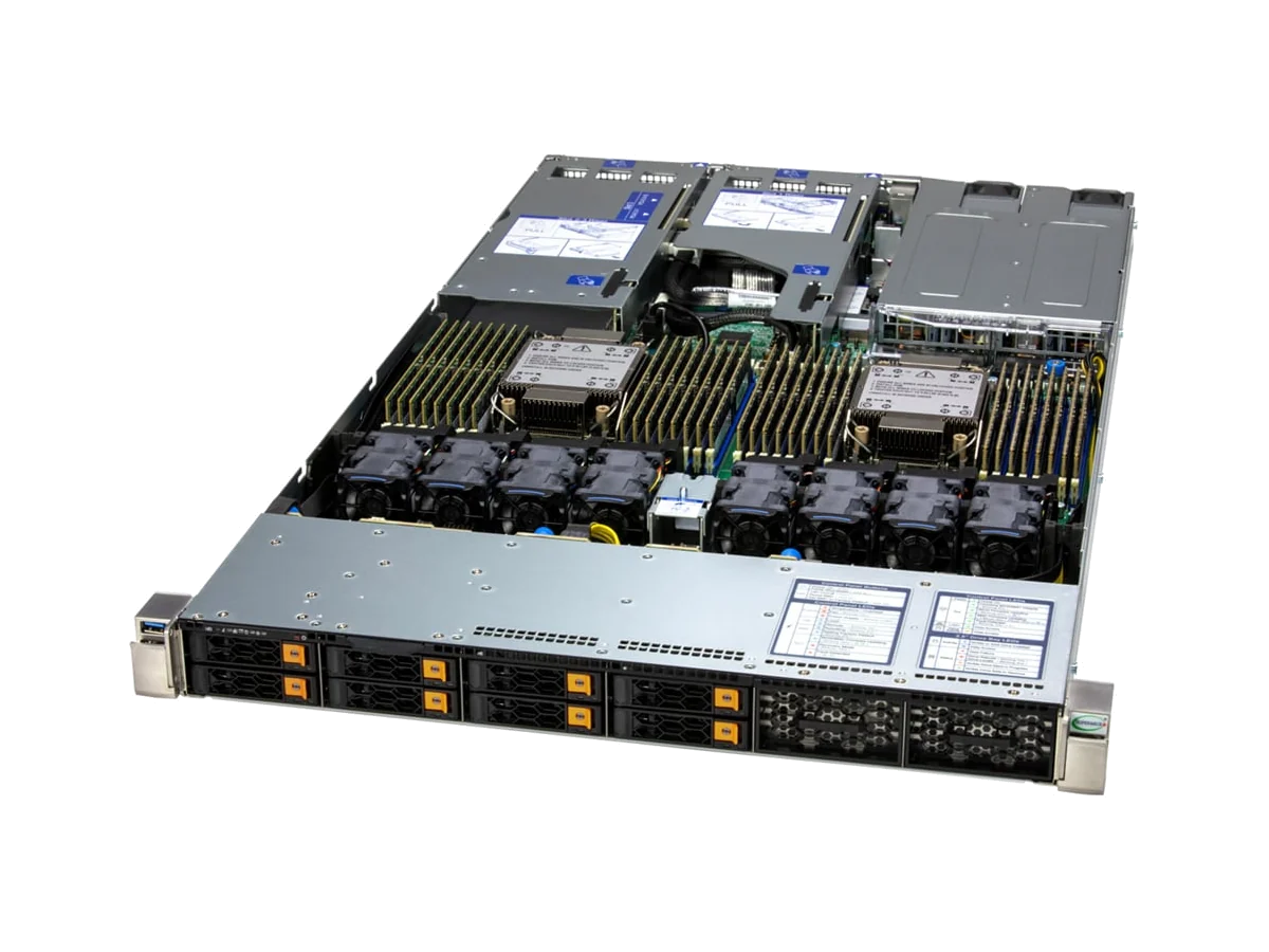 Supermicro Hyper SYS-122H-TN, tampak serong dengan tutup atas terbuka