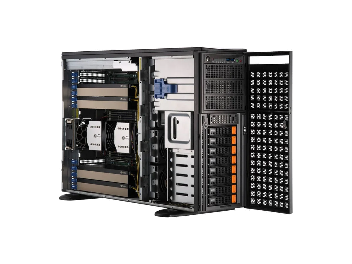 Supermicro SYS-741GE-TNRT, tampak serong dengan panel samping terbuka