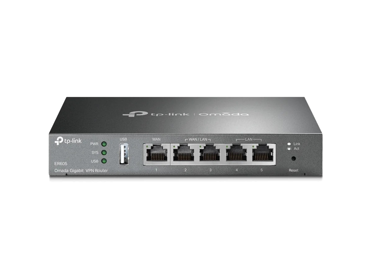 TP-Link Omada ER605, tampak depan dengan 5 port Gigabit dan port USB