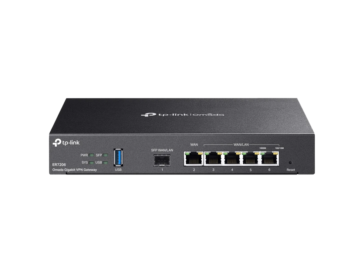 TP-Link Omada ER7206, tampak depan dengan port SFP, 5 port RJ45, dan USB 3.0