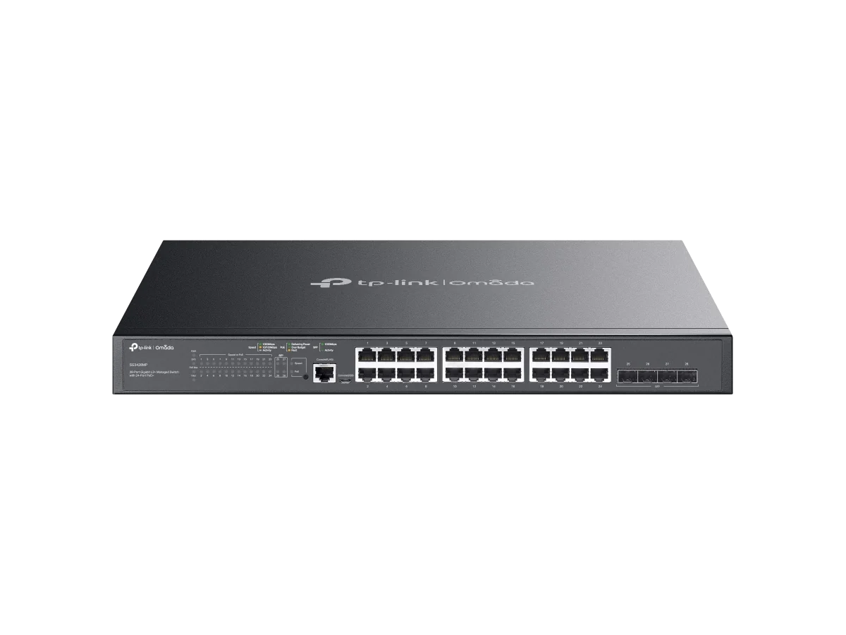 TP-Link Omada SG3428MP, tampak depan dengan 24 port PoE+ dan 4 slot SFP