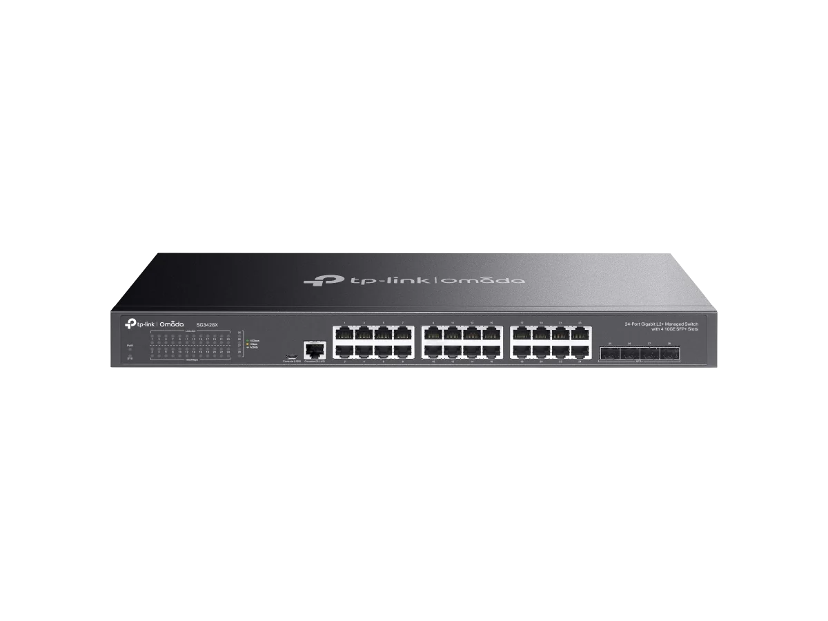 TP-Link Omada SG3428X, tampak depan dengan 24 port Gigabit dan 4 slot SFP+